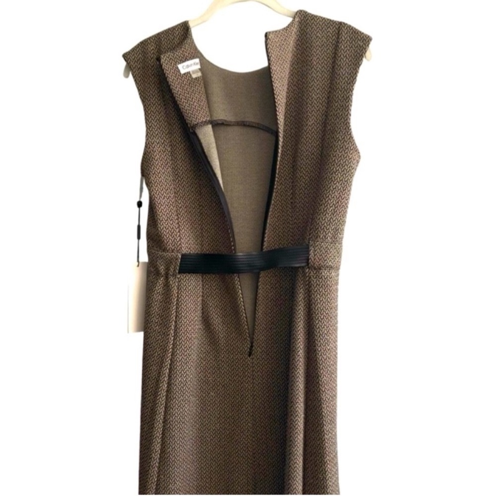 NEW Calvin Klein Sleeveless Belted Dress A-line Lurex Black Brown Tan Size 4 - Picture 5 of 13